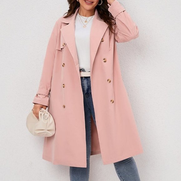 Casual Double Breasted Trench Coat Pink - Picture 2 of 5